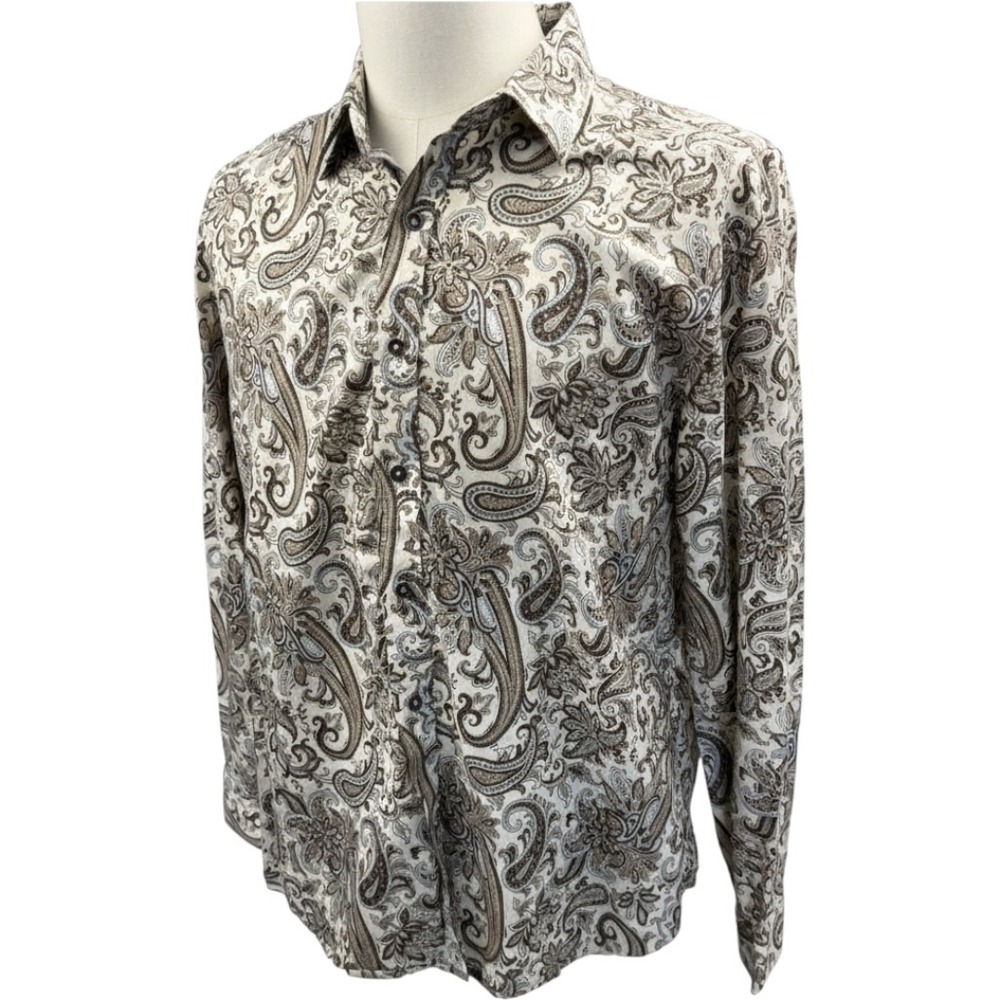 Tasso Elba Mens Brown Tan Paisley Cotton Return Button Down Shirt Large
